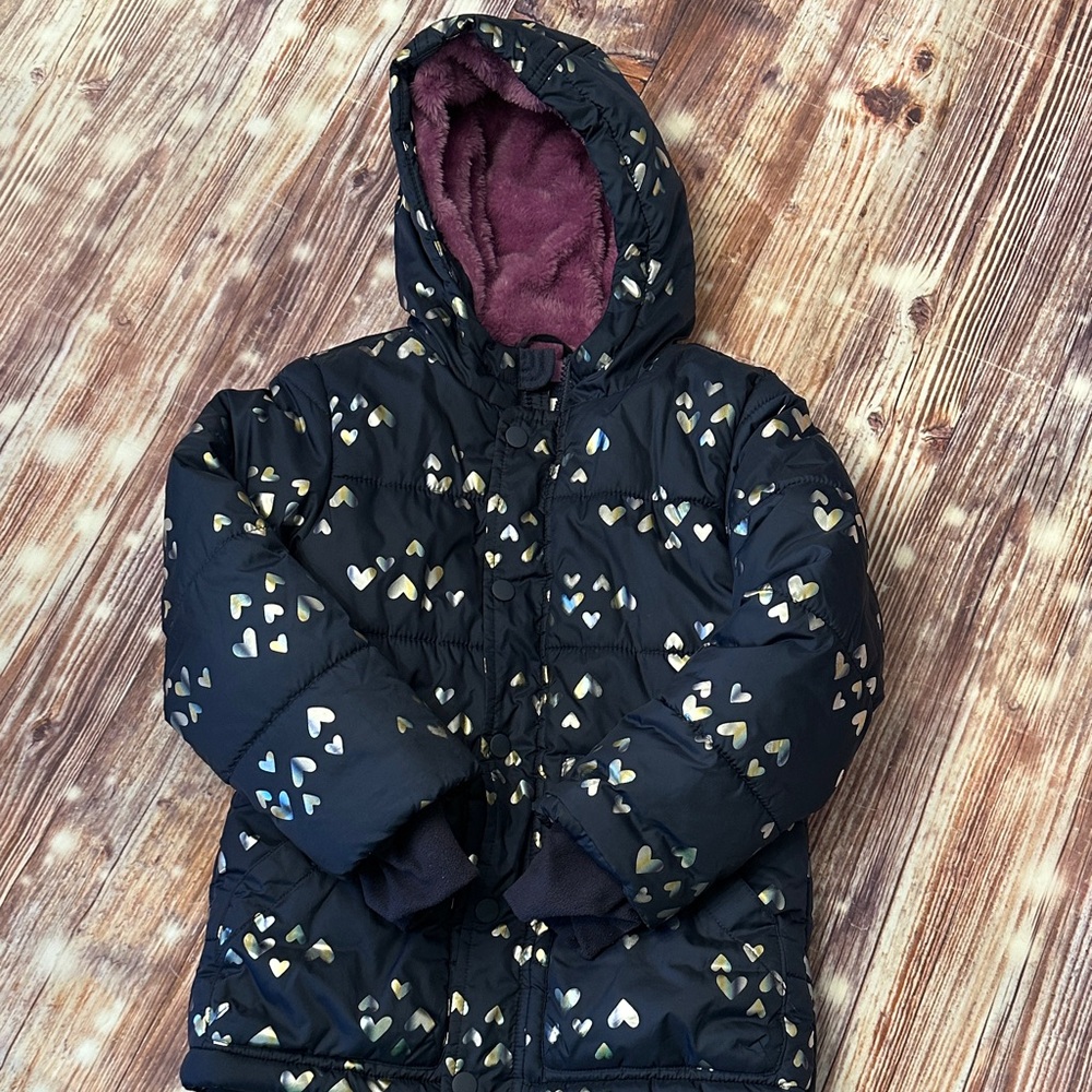 Cat & Jack Girls' heart printed puffer jacket navy & purple size 4/5
